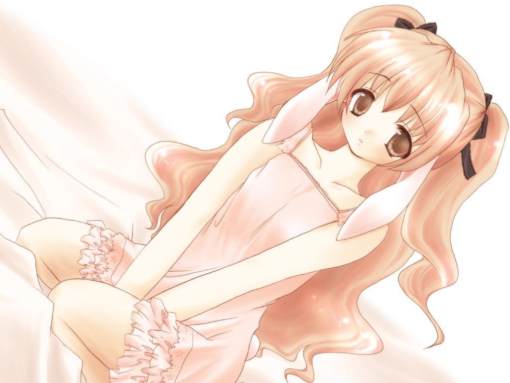 1girl, animal ears, bed, between legs, bow, brown eyes, female focus, hair bow, hair ribbon, hand between legs, orange hair, parted lips, rabbit ears, ribbon, seiza, sitting, solo, twintails