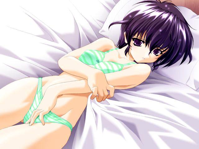 komatsu eiji, kayama nao, powder snow, game cg, jpeg artifacts, 1girl, bed, bra, female focus, green bra, green panties, lingerie, panties, purple eyes, purple hair, short hair, solo, striped bra, striped clothes, striped panties, underwear, underwear only