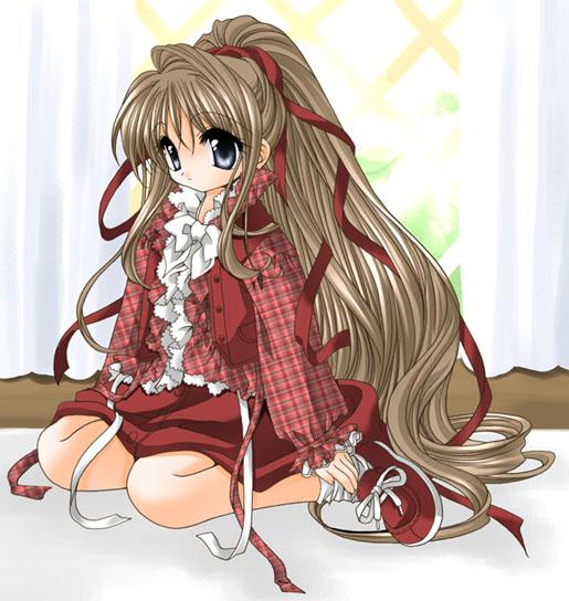 nekono osero, original, 1girl, brown hair, female focus, grey eyes, hair ribbon, long hair, ponytail, ribbon, solo, very long hair