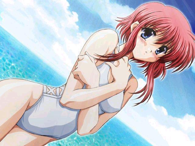 kantaka, katsura tomoe, sudou miki, miko miko nurse, game cg, 1girl, beach, blue eyes, blush, breasts, casual one-piece swimsuit, cleavage, cloud, covering breasts, covering privates, crossed arms, day, dutch angle, female focus, leaning forward, light rays, medium breasts, ocean, one-piece swimsuit, outdoors, pink hair, red hair, sky, solo, sunbeam, sunlight, swimsuit, water