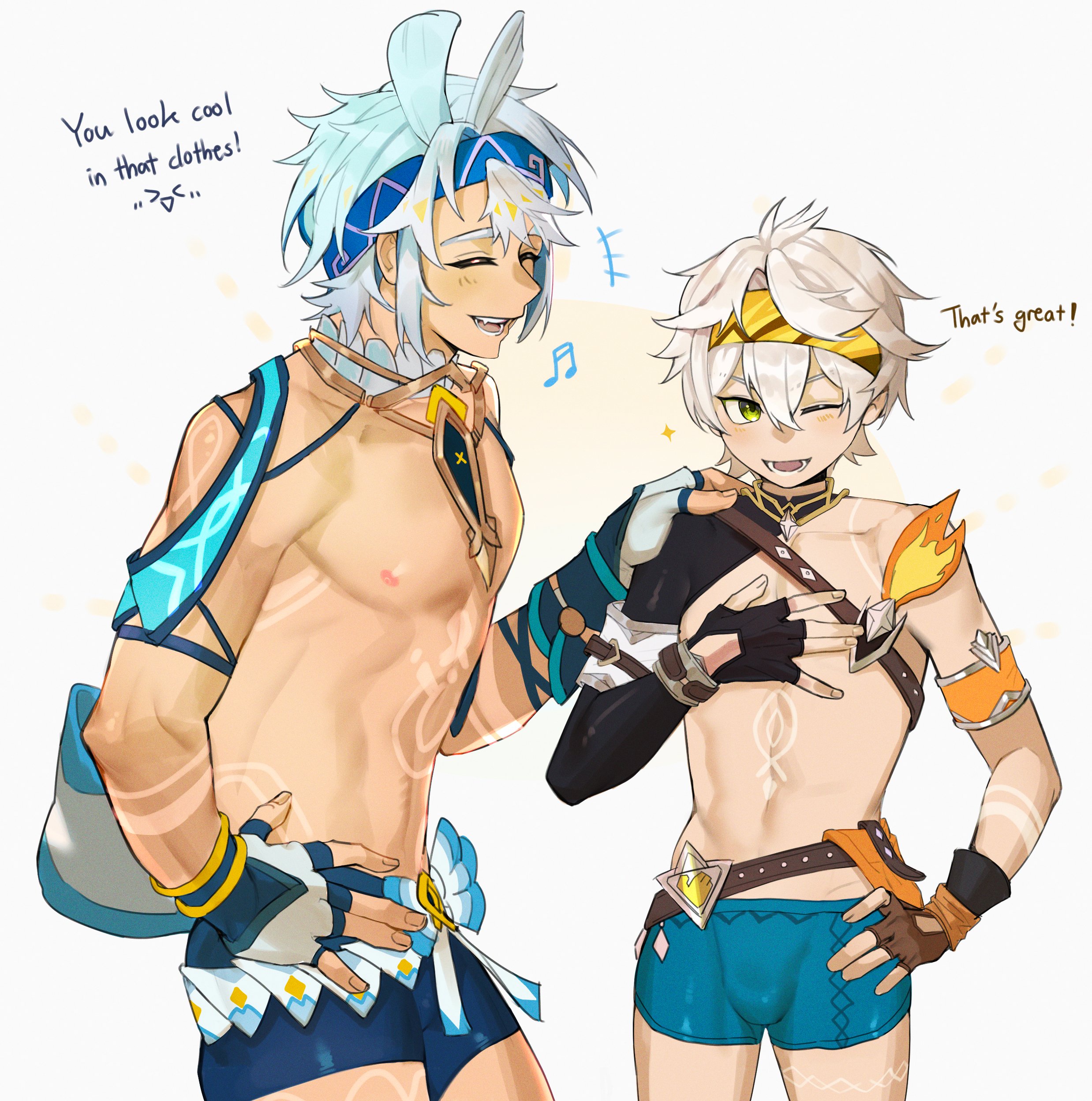bana gameg, bennett (adventures in blazing hue) (genshin impact), bennett (genshin impact), mualani (genshin impact), genshin impact, absurdres, highres, 2boys, aqua shorts, black gloves, black sleeves, blue headband, blue shorts, brown gloves, bulge, closed eyes, english text, fingerless gloves, genderswap, genderswap (ftm), gloves, green eyes, hair between eyes, headband, male focus, multicolored gloves, multiple boys, nipples, official alternate costume, one eye closed, open mouth, short hair, shorts, smile, topless male, white background, white gloves, white hair, yellow headband