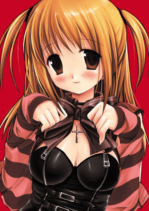 miyasu risa, amane misa, death note, 00s, 1girl, belt, blonde hair, bow, bowtie, breasts, brown eyes, choker, cleavage, clothes lift, corset, cross, cross necklace, detached sleeves, female focus, head tilt, jewelry, latex, long sleeves, medium breasts, necklace, pendant, ribbon, shirt lift, skin tight, smile, solo, sweater, two side up, upper body