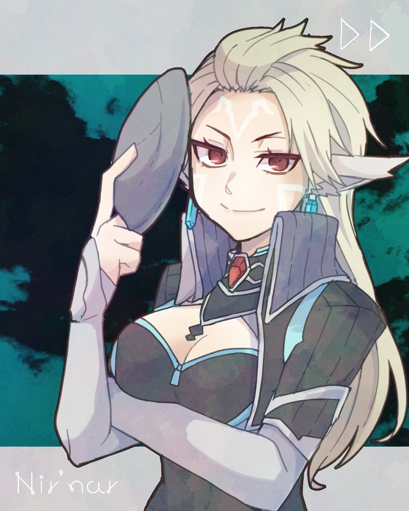 himo (hiho4341), neilnail (xenoblade), xenoblade chronicles (series), xenoblade chronicles x, 1girl, animal ears, black bodysuit, bodysuit, border, breasts, cleavage, cleavage cutout, clothing cutout, covered navel, grey hair, long hair, looking at viewer, medium breasts, red eyes, smile, solo, standing