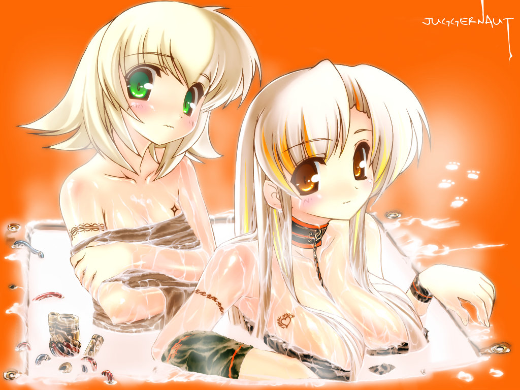 freyja (aquila), freyja (artist), original, 2girls, armlet, blonde hair, english text, green eyes, jewelry, multiple girls, short hair, tattoo