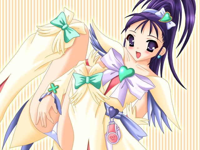 cure egret, mishou mai, futari wa precure splash star, precure, 00s, 1girl, blush, boots, brooch, earrings, female focus, heart, heart brooch, jewelry, knee boots, long hair, magical girl, panties, pantyshot, purple eyes, purple hair, solo, standing, underwear, white boots, white panties