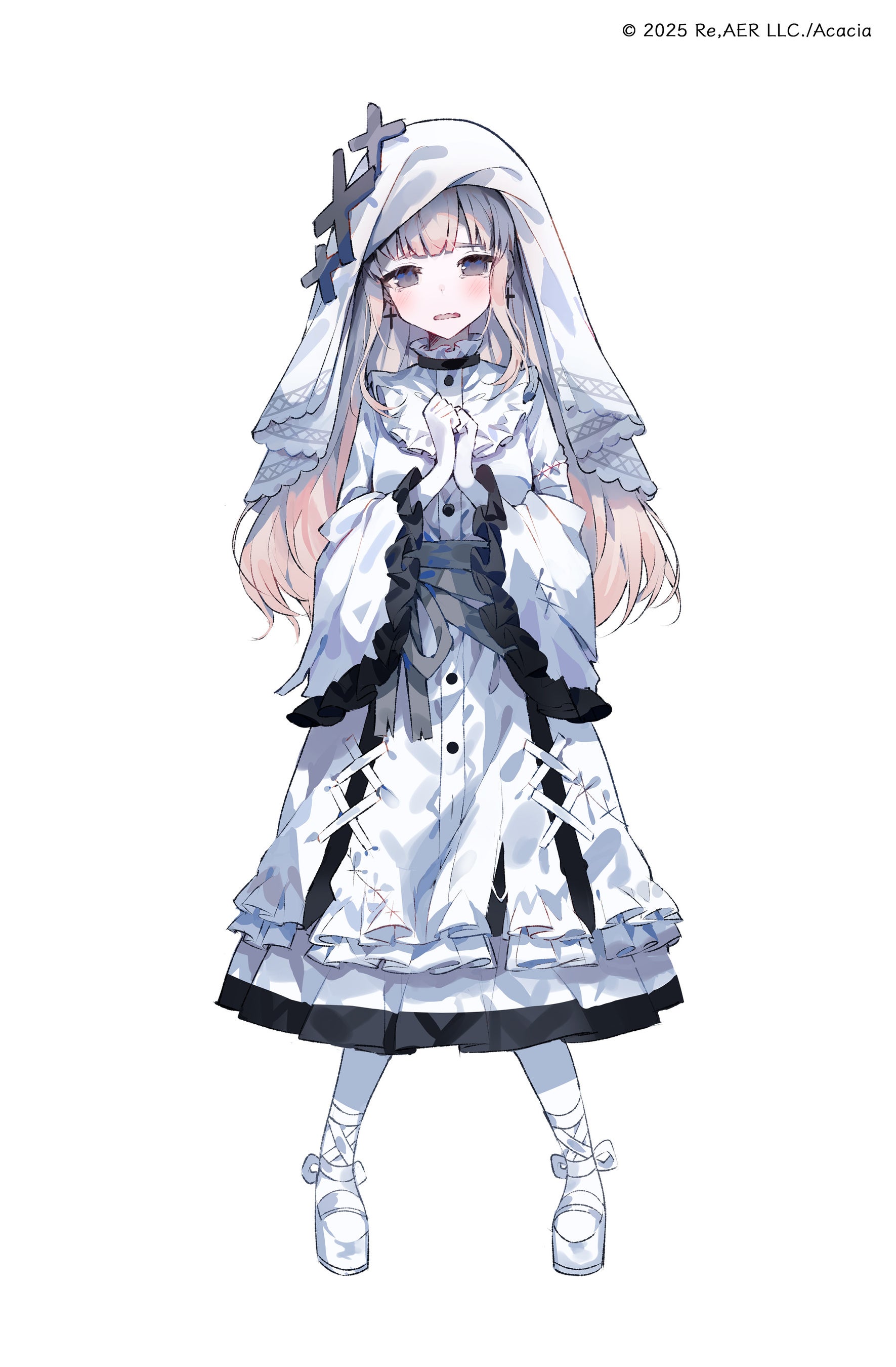 umemaro (siona0908), hikami meruru, mahou shoujo no majo saiban, absurdres, highres, official art, second-party source, 1girl, blonde hair, blunt bangs, copyright notice, cross, cross earrings, dress, earrings, frilled dress, frilled sleeves, frills, full body, hands up, jewelry, long hair, long sleeves, looking at viewer, magical girl, nervous, own hands together, pale skin, pantyhose, purple eyes, shoes, simple background, solo, standing, tachi-e, tearing up, tears, veil, wavy mouth, white background, white dress, white pantyhose, white shoes, wide sleeves