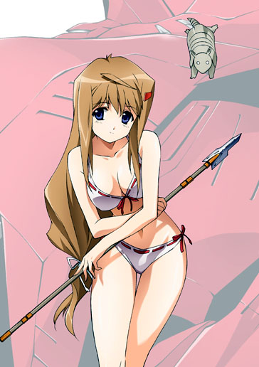 tsunashima shirou, arma jirou, hiiragi akao, jinki, 00s, 1girl, armadillo, bikini, blue eyes, bow, breasts, brown hair, cleavage, female focus, hair ornament, hair ribbon, leaning forward, lingerie, long hair, low-tied long hair, navel, polearm, ribbon, solo, spear, swimsuit, underwear, very long hair, weapon, white bikini