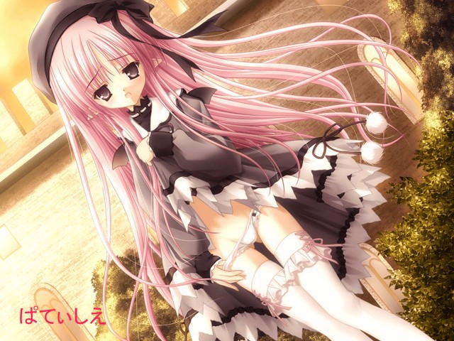 tinker bell (pixiv 10956015), sasha (magical tale), magical tale, game cg, 1girl, beret, blush, clothes lift, dress, dress lift, dutch angle, female focus, hat, loli, long hair, maid, open mouth, panties, panty pull, pink hair, pointy ears, purple eyes, solo, thighhighs, underwear, white panties, white thighhighs
