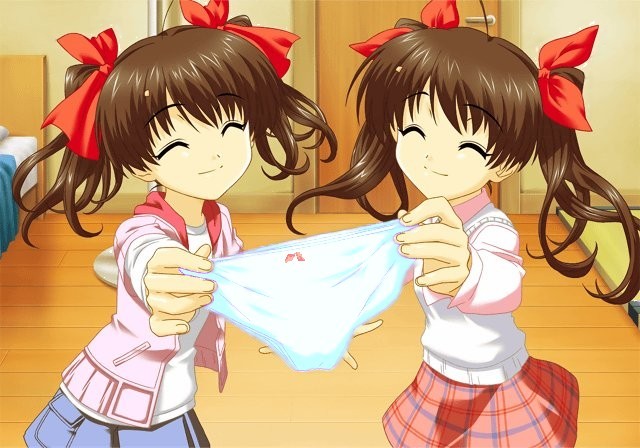 hinagiku lala, hinagiku lulu, futakoi, game cg, 00s, 2girls, facing viewer, holding, holding panties, holding underwear, holding unworn clothes, loli, multiple girls, panties, plaid clothes, plaid skirt, siblings, sisters, skirt, twins, twintails, underwear, white panties