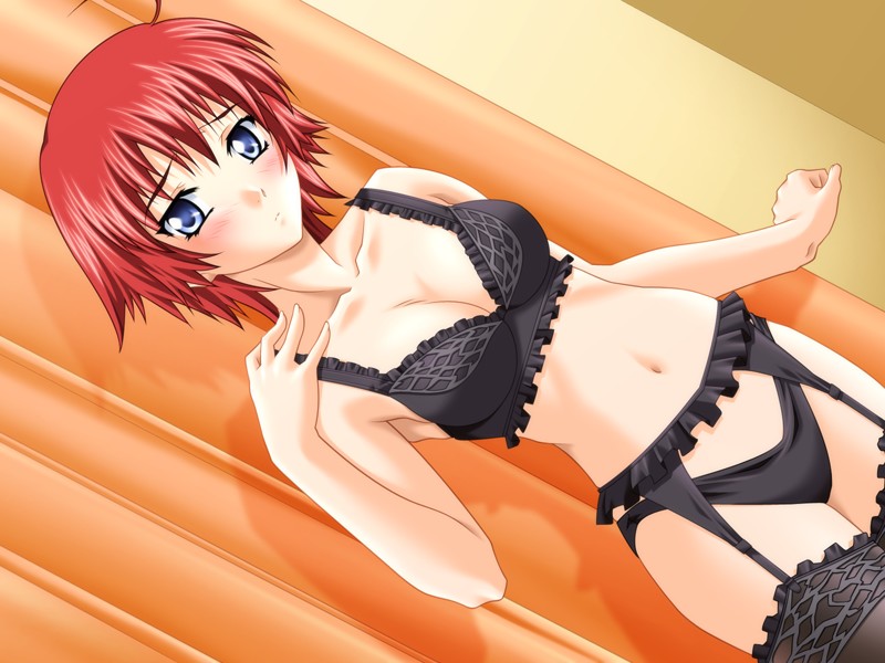 tajima nao, sakurazuka kaoru, x-change (series), yin-yang! x-change alternative, lace-trimmed legwear, game cg, 1girl, ahoge, black bra, black panties, black theme, black thighhighs, blue eyes, blush, bra, breasts, cleavage, curtains, dutch angle, embarrassed, female focus, forced dressing, garter belt, garter straps, lace, lace bra, lace trim, lingerie, navel, panties, red hair, short hair, solo, standing, thighhighs, underwear, underwear only