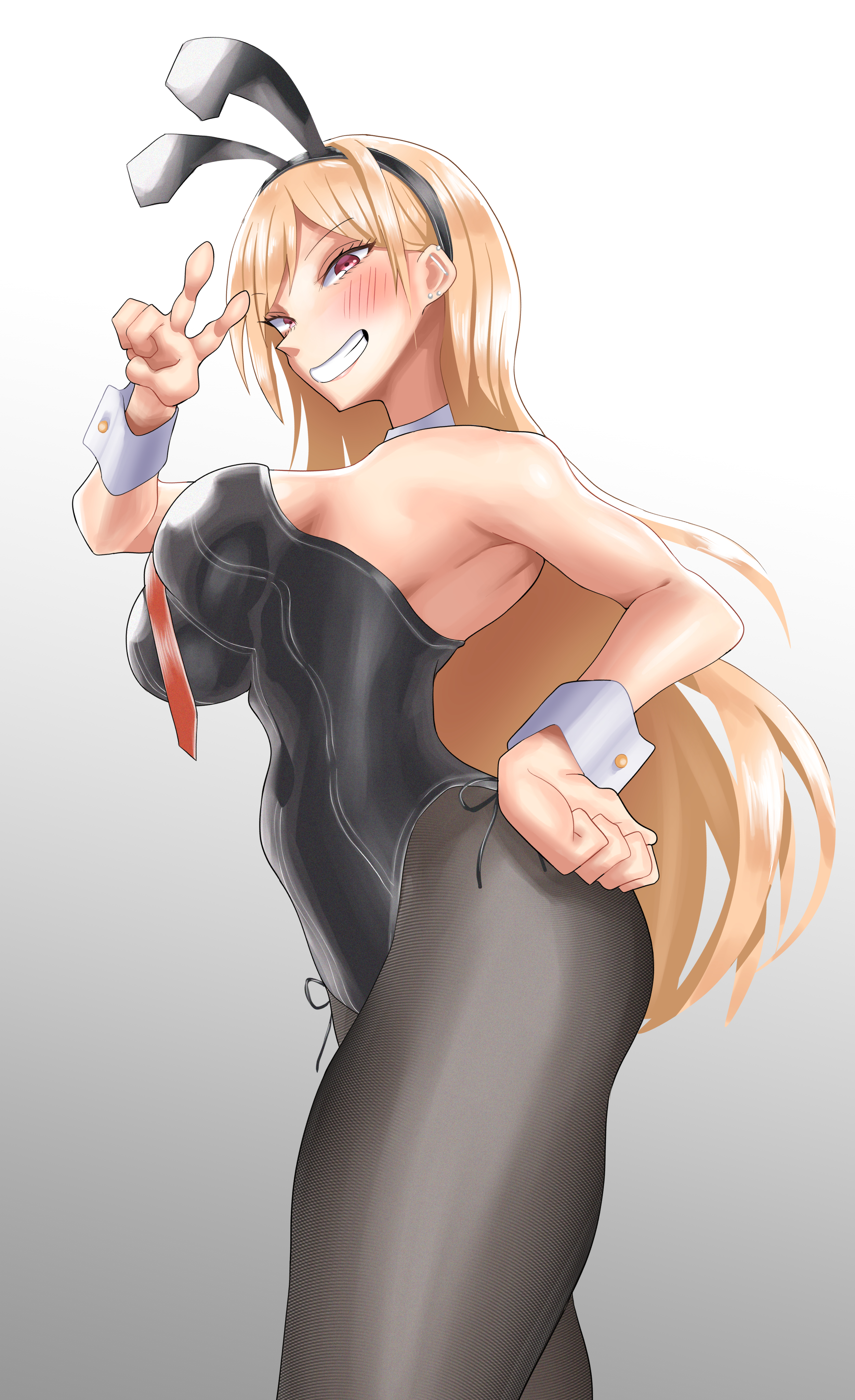 kolby, kitagawa marin, sono bisque doll wa koi wo suru, absurdres, highres, animal ear hairband, animal ears, black leotard, black pantyhose, blonde hair, bow, bowtie, breasts, detached collar, fake animal ears, feet out of frame, gradient background, grey background, grin, hairband, hand on own hip, large breasts, leotard, necktie, pantyhose, playboy bunny, rabbit ears, rabbit tail, red eyes, red necktie, side-tie leotard, smile, standing, strapless, strapless leotard, tail, v, white background, wrist cuffs