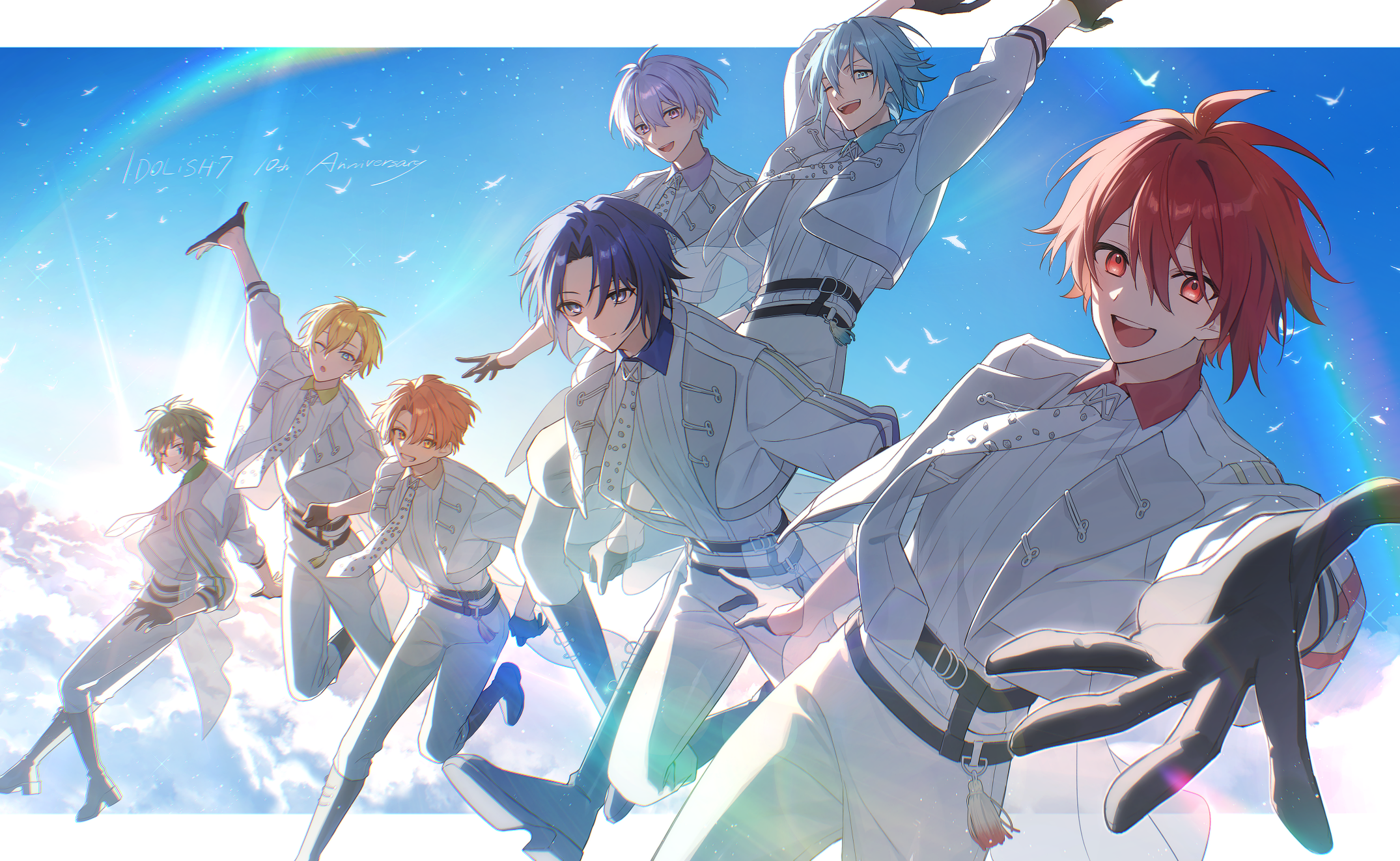 aiue o eiua, izumi iori, izumi mitsuki, nanase riku, nikaido yamato, osaka sougo, rokuya nagi, yotsuba tamaki, idolish7, idolish7 (idolish7), commentary request, highres, 6+boys, arms up, backlighting, black boots, black gloves, blonde hair, blue eyes, blue hair, blue sky, boots, feet out of frame, formal clothes, full body, gloves, green eyes, green hair, knee boots, letterboxed, looking at viewer, male focus, multiple boys, necktie, one eye closed, open mouth, orange eyes, orange hair, purple eyes, purple hair, rainbow, reaching, reaching towards viewer, red hair, short hair, sky, smile, suit, teeth, upper teeth only, white necktie, white suit