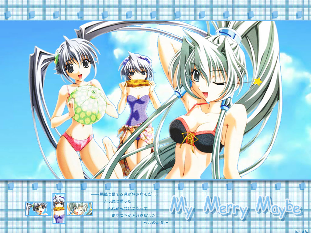 leese (my merry may be), reu (my merry may be), my merry may be, 3girls, ball, beachball, bikini, day, multiple girls, one eye closed, ponytail, swimsuit, twintails, wink