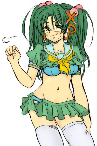 homeko, xp home-tan, xphome, os-tan, 1girl, blue bra, blue panties, blush, bra, character name, clenched hand, clothes lift, cowboy shot, eyelashes, female focus, flat color, glasses, green eyes, green hair, groin, hair ornament, hand on own thigh, lace, lace-trimmed bra, lace-trimmed panties, lace trim, light smile, long hair, looking at viewer, lowleg, lowleg skirt, matching hair/eyes, microskirt, navel, neckerchief, open clothes, open skirt, panties, parted bangs, puffy sleeves, rimless eyewear, school uniform, serafuku, shirt, shirt lift, short sleeves, simple background, skirt, smile, solo, standing, sweatdrop, thighhighs, two side up, underwear, white background, white thighhighs, wide hips, zettai ryouiki