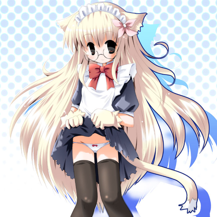 artist request, copyright request, 1girl, animal ears, blonde hair, cat ears, cat tail, dog ears, female focus, glasses, loli, lowleg, lowleg panties, maid, panties, solo, tail, thighhighs, underwear