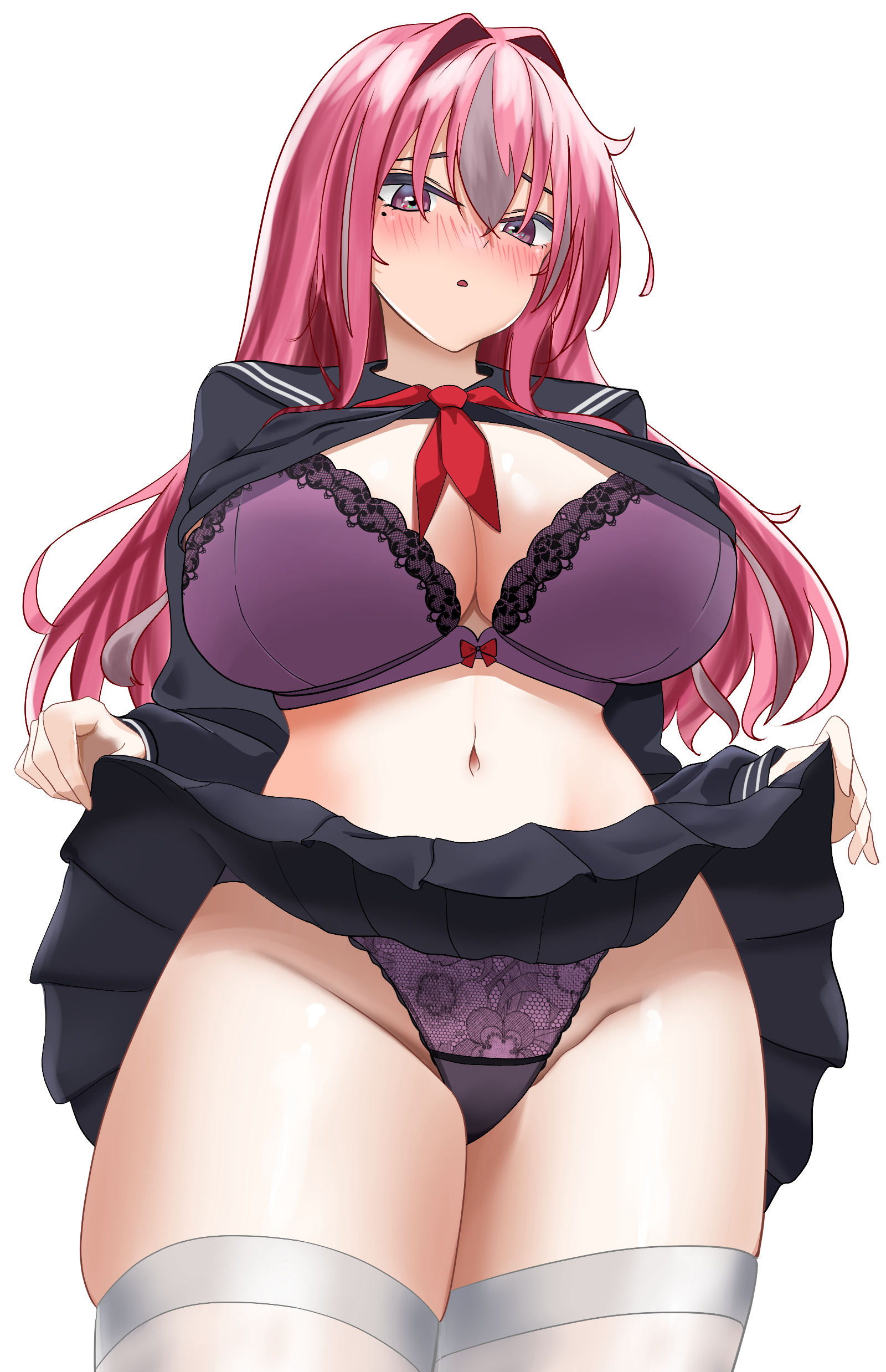 yuuki atori, bremerton (azur lane), azur lane, absurdres, commentary request, highres, 1girl, alternate costume, black sailor collar, black serafuku, black shirt, black skirt, blush, bra, breasts, cleavage, clothes lift, cowboy shot, crossed bangs, grey hair, groin, hair between eyes, hair down, hair intakes, large breasts, lifting own clothes, long hair, long sleeves, looking at viewer, midriff, mole, mole under eye, multicolored hair, navel, neckerchief, panties, parted lips, pink eyes, pink hair, pleated skirt, purple bra, purple panties, red neckerchief, sailor collar, school uniform, serafuku, shirt, shirt lift, sidelocks, simple background, skindentation, skirt, skirt lift, solo, standing, streaked hair, thighhighs, two-tone hair, underwear, white thighhighs