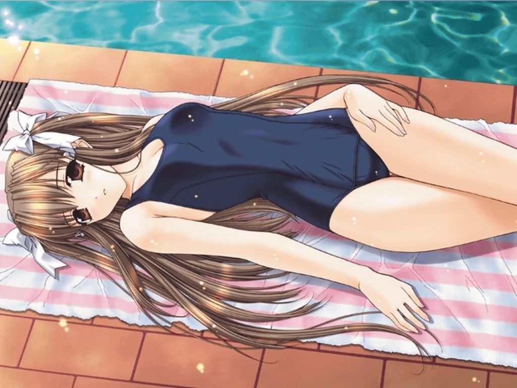 kimizuka aoi, yamabuki sayuki, lost passage, striped, 1girl, bow, breasts, brown eyes, brown hair, cleavage, covered navel, female focus, hair bow, long hair, lying, on back, one-piece swimsuit, parted lips, pool, poolside, school swimsuit, solo, swimsuit, towel, very long hair, water