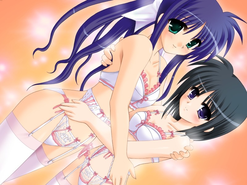 tsuzuki maki, kuwashima fuuka, nagase yukino, sakura machizaka stories, sakura machizaka stories vol.1, white legwear, game cg, reference work, 2girls, black hair, blue eyes, blue hair, blush, bra, breasts, dutch angle, garter belt, garter straps, green eyes, high ponytail, hug, lingerie, long hair, looking at viewer, multiple girls, panties, ponytail, purple eyes, purple hair, short hair, small breasts, smile, thighhighs, underwear, underwear only, yuri
