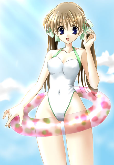 1girl, bad anatomy, blue eyes, brown hair, casual one-piece swimsuit, female focus, hair ribbon, halterneck, highleg, highleg one-piece swimsuit, hip focus, innertube, light rays, long hair, navel, one-piece swimsuit, ribbon, solo, sunbeam, sunlight, swim ring, swimsuit, twintails, wide hips