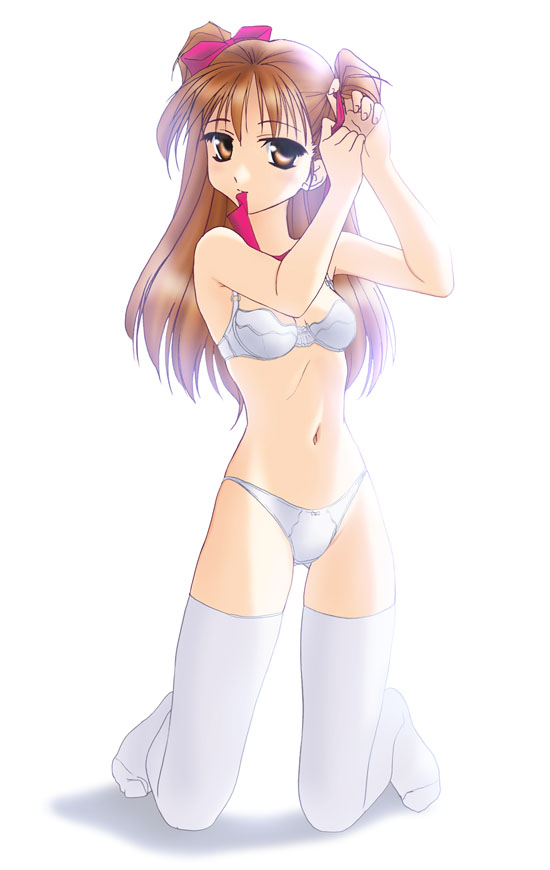 norizou type-r, ogata rina, white album, white album (series), 1girl, adjusting hair, backlighting, bra, breasts, brown eyes, brown hair, female focus, kneeling, lingerie, long hair, looking at viewer, mouth hold, navel, panties, shadow, simple background, small breasts, solo, thighhighs, twintails, tying hair, underwear, underwear only, white background