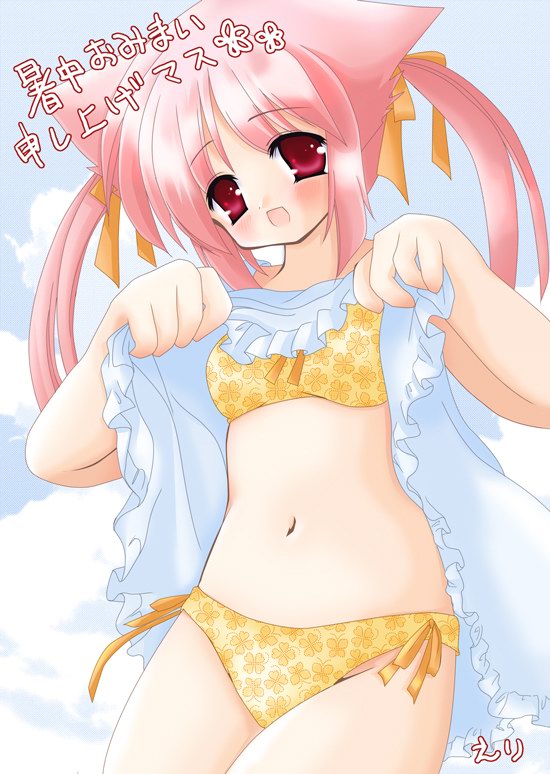 animal ears, bikini, clothes lift, dog ears, lifting own clothes, pink hair, red eyes, skirt, skirt lift, solo, swimsuit, twintails, yellow bikini