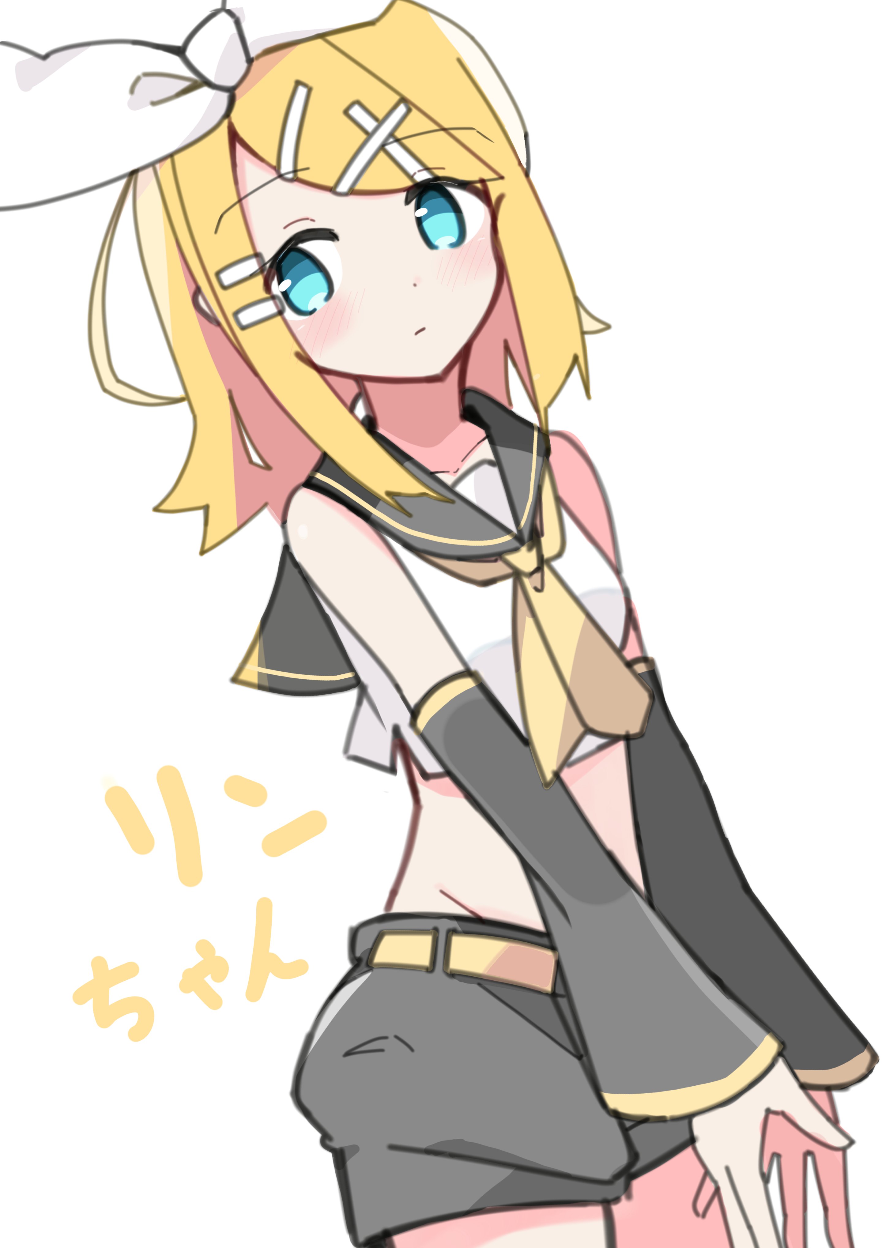 iroha (pcrx7327), kagamine rin, vocaloid, absurdres, commentary request, highres, translation request, 1girl, belt, blonde hair, blue eyes, bow, crop top, detached sleeves, groin, hair bow, hair ornament, hairclip, long hair, long sleeves, looking to the side, midriff, neckerchief, own hands together, sailor collar, shirt, shorts, sleeveless, sleeveless shirt, solo