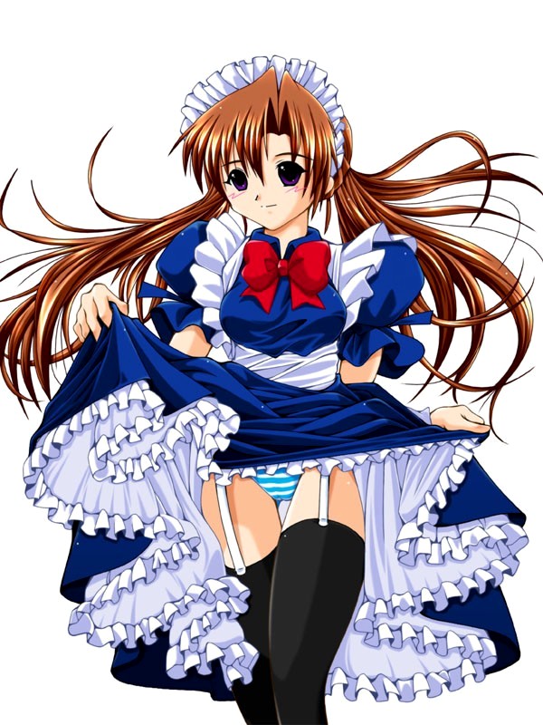 sakuya (sister princess), sister princess, 00s, apron, black thighhighs, blue dress, blue panties, blush, bow, bowtie, brown hair, clothes lift, dress, dress lift, garter belt, lingerie, long hair, maid, maid apron, panties, petticoat, purple eyes, skirt, skirt lift, solo, standing, thigh gap, thighhighs, thighs, underwear