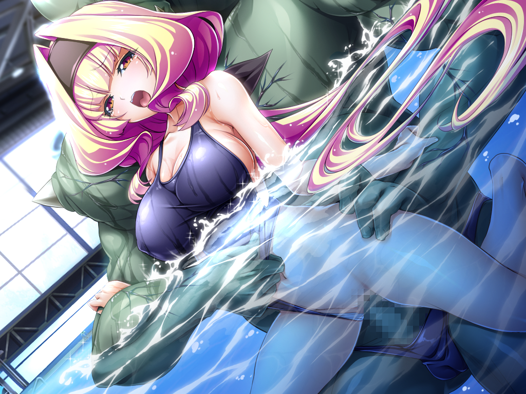 inoino, kouyoku senki exs-tia, game cg, large variant set, non-web source, official art, variant set, 1boy, 1girl, azarin (exs-tia), barefoot, black hairband, blonde hair, blue one-piece swimsuit, blush, breasts, censored, cleavage, clothes pull, clothing aside, collarbone, colored skin, competition swimsuit, covered erect nipples, green skin, hair intakes, hairband, headband, hetero, indoors, large breasts, long hair, mosaic censoring, one-piece swimsuit, one-piece swimsuit pull, open mouth, partially submerged, penis, pool, red eyes, scar, school swimsuit, sex, sex from behind, sideboob, solo focus, sportgil, swimsuit, swimsuit aside, torso grab, vaginal, very long hair, water
