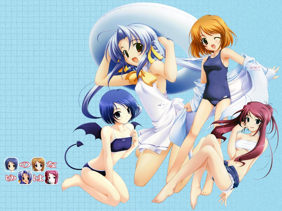 fujiwara warawara, itou wakaba, katsurazawa honami, takao tsubaki, yunoha, yunohana, 4girls, ahoge, bat wings, bikini, blue eyes, blue hair, breasts, brown hair, covered erect nipples, demon tail, denim, denim shorts, flat chest, halterneck, happy, innertube, jacket, long hair, midriff, multiple girls, object on head, off shoulder, one-piece swimsuit, one eye closed, purple hair, red eyes, sarashi, school swimsuit, short hair, shorts, small breasts, sports bikini, strapless, swim ring, swimsuit, tail, tankini, tube top, underboob, wings, wink