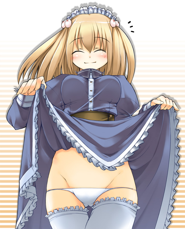 jirou (chekoro), blonde hair, blue dress, blush, closed eyes, clothes lift, dress, dress lift, frills, headdress, long hair, lowleg, lowleg panties, panties, skindentation, skirt, skirt lift, solo, standing, thigh gap, thighhighs, thighs, underwear, white panties, white thighhighs