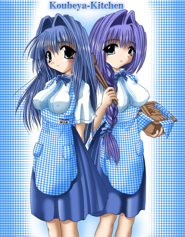 maki (seventh heaven maxion), minase akiko, minase nayuki, kanon, non-web source, 2girls, age difference, apron, blouse, blue hair, braid, bread, breasts, covered erect nipples, food, gingham apron, hair intakes, kobeya uniform, large breasts, long hair, mother and daughter, multiple girls, plaid apron, plaid clothes, purple hair, shirt, side-by-side, single braid, waitress, white shirt