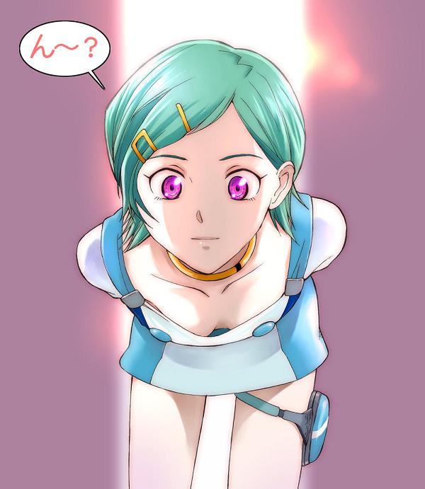 kikumaru bunta, eureka (eureka seven), eureka seven, eureka seven (series), 00s, 1girl, aqua hair, arms behind back, bent over, breasts, cleavage, collarbone, copyright name, cowboy shot, curious, downblouse, female focus, green hair, hair ornament, hairclip, looking at viewer, medium breasts, purple eyes, short hair, solo, thigh strap