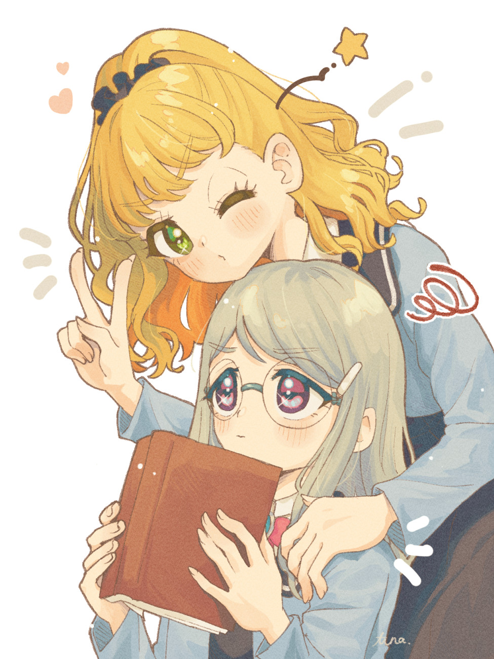chiri sousu, himitsu no aipri, pretty series, commentary request, highres, 2girls, blonde hair, blush, book, green eyes, grey hair, hair ornament, hair scrunchie, hairclip, hand on another's shoulder, holding, holding book, igarashi julia, jacket, long hair, long sleeves, looking at viewer, looking up, multiple girls, one eye closed, open clothes, open jacket, ponytail, pursed lips, reading, red eyes, rokudou elle, school uniform, scrunchie, squiggle, star (symbol), v