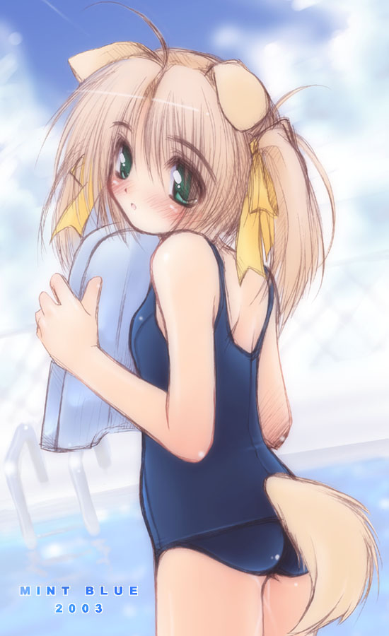 moyuru, animal ears, dog ears, dog tail, one-piece swimsuit, school swimsuit, solo, swimsuit, tail
