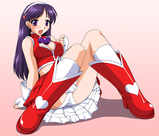 ankoku inu shougun, asamiya athena, snk, the king of fighters, the king of fighters 2003, 1girl, ass, blush, boots, breasts, cleavage, cleavage cutout, clothing cutout, covered erect nipples, female focus, fingerless gloves, full body, gloves, gradient background, hairband, heart, heart cutout, knee boots, kneehighs, lingerie, medium breasts, midriff, miniskirt, panties, pantyshot, petticoat, purple eyes, purple hair, red boots, simple background, sitting, skirt, socks, solo, underwear, upskirt, white gloves, white panties, white socks