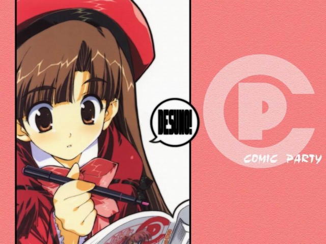 mikage subaru, comic party, 00s, 1girl, :o, blunt bangs, book, bow, bowtie, brown hair, comic, copyright name, dress, female focus, hat, long hair, long sleeves, magazine (object), open book, parted lips, pen, red dress, simple background, solo, upper body, very long hair