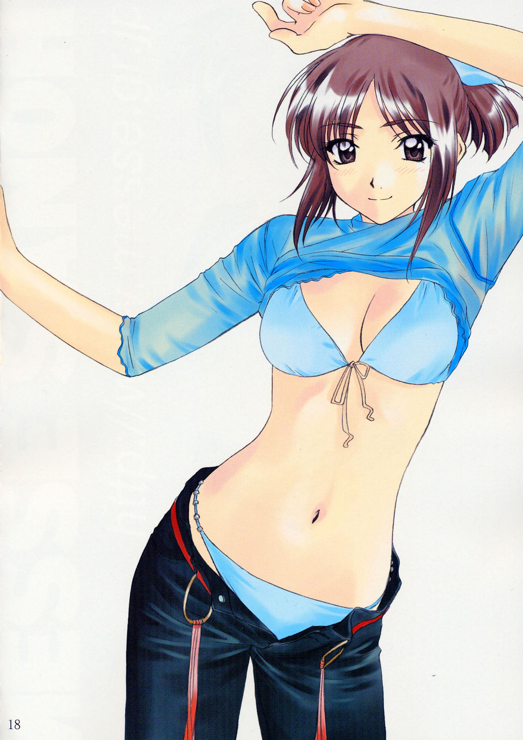 polorinken, morii kaho, sentimental graffiti, highres, scan, scan artifacts, 1990s (style), 1girl, bikini, bikini under clothes, clothes lift, female focus, retro artstyle, shirt lift, solo, swimsuit, swimsuit under clothes