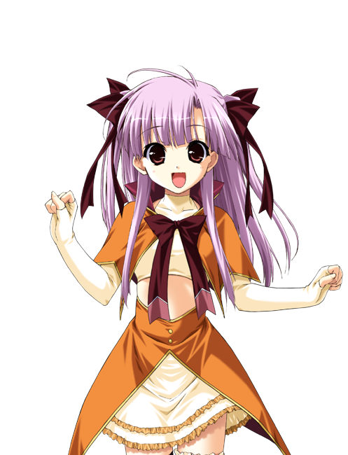 shintarou, shingyouji mao, boy meets girl, game cg, 1girl, :d, ahoge, bow, brown bow, elbow gloves, female focus, fingerless gloves, frills, gloves, hair ribbon, happy, long hair, looking at viewer, midriff, open mouth, purple hair, red eyes, ribbon, skirt, smile, solo, straight-on, tachi-e, transparent background, twintails, two side up