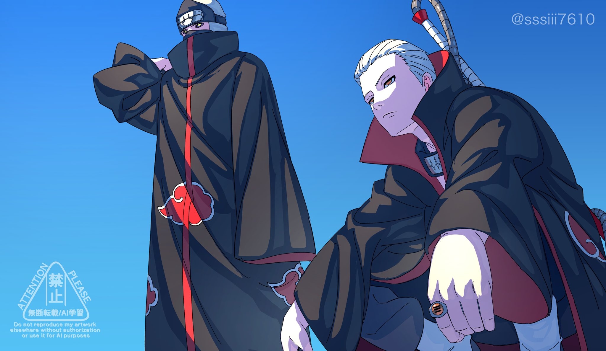 sssiii7610, hidan (naruto), kakuzu (naruto), naruto (series), naruto shippuuden, highres, 2boys, akatsuki uniform, blue background, closed mouth, grey hair, jewelry, long sleeves, male focus, mask, mouth mask, multiple boys, ninja, ninja mask, purple eyes, ring, short hair, watermark, weapon, weapon on back