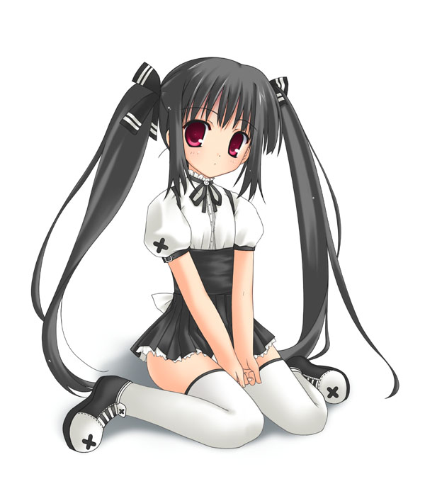 kooh (pangya), pangya, 1girl, black hair, female focus, loli, long hair, red eyes, ribbon, skirt, solo, thighhighs, twintails