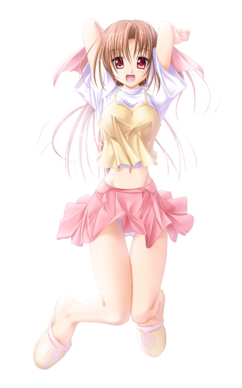 tenmaso, arms up, brown hair, camisole, jumping, long hair, midriff, miniskirt, navel, panties, pantyshot, red eyes, sandals, shirt, skirt, slippers, solo, thigh gap, thighs, underwear, white panties