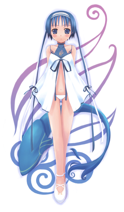 nanakusa, 1girl, blue eyes, blue hair, blush, dress, female focus, headdress, loli, lowleg, lowleg panties, matching hair/eyes, navel, open clothes, open dress, panties, shoes, short dress, short hair, solo, standing, thigh gap, thighs, underwear, white panties