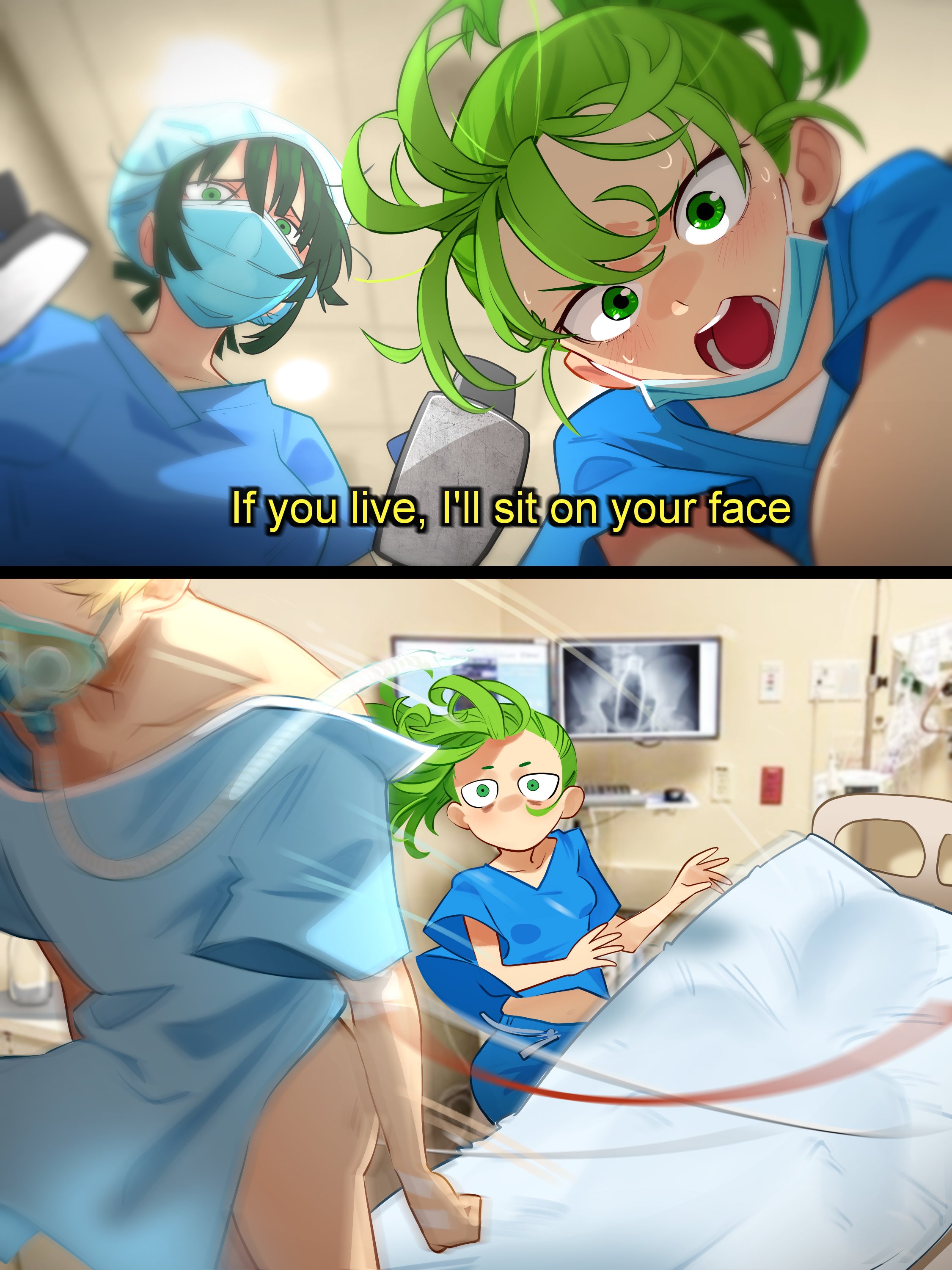 khyle., fubuki (one-punch man), tatsumaki, one-punch man, 1boy, 2girls, alternate costume, alternate hairstyle, bandaid, bed, blush, bottle, breasts, coat, defibrillator, doctor, english text, green eyes, green hair, hospital, hospital bed, if we win i'll sit on your face (meme), mask, meme, mouth mask, multiple girls, nurse, self-insert, small breasts, stretcher, surgeon, surprised, sweat, x-ray film