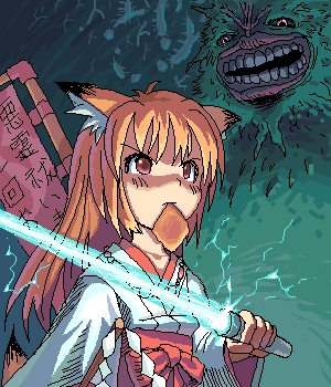 lowres, 1girl, aburaage, animal ears, banner, bread, bread slice, energy sword, female focus, food, food in mouth, fox ears, hakama, hakama skirt, japanese clothes, lightsaber, miko, mouth hold, oekaki, red hakama, skirt, solo, sword, toast, toast in mouth, weapon