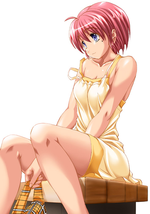 hinomoto hikari, tokimeki memorial, tokimeki memorial 2, 1girl, ahoge, blue eyes, dress, female focus, mole, mole under eye, red hair, skirt, solo, yellow dress, yellow skirt