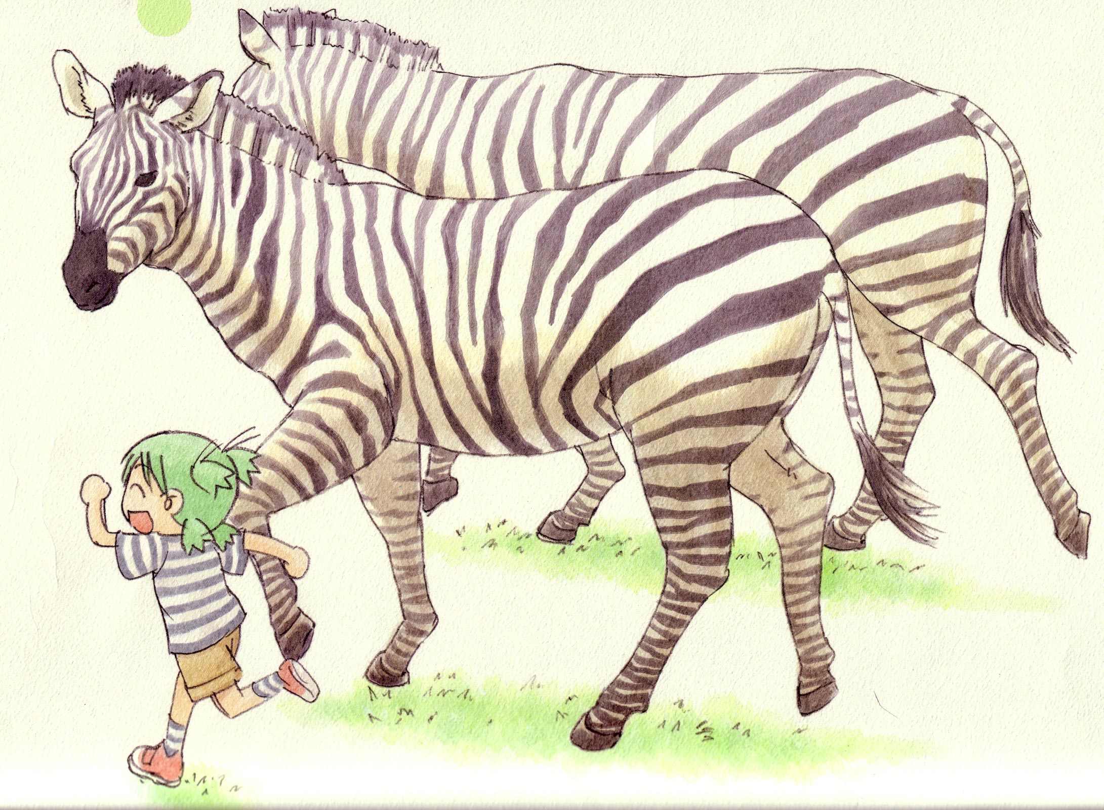 azuma kiyohiko, koiwai yotsuba, yotsubato!, highres, 1girl, ^ ^, blouse, child, closed eyes, female focus, quad tails, shirt, simple background, socks, solo, striped clothes, striped shirt, striped socks, zebra