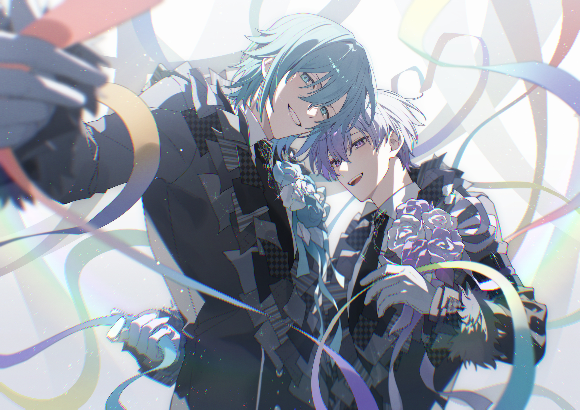 aiue o eiua, osaka sougo, yotsuba tamaki, idolish7, commentary request, highres, 2boys, black coat, blue eyes, blue flower, blue hair, blue rose, boutonniere, coat, flower, frills, gloves, grin, looking at viewer, male focus, multiple boys, open mouth, outstretched arm, purple eyes, purple flower, purple hair, purple rose, ribbon, rose, short hair, smile, teeth, upper body, upper teeth only, white flower, white gloves, white rose