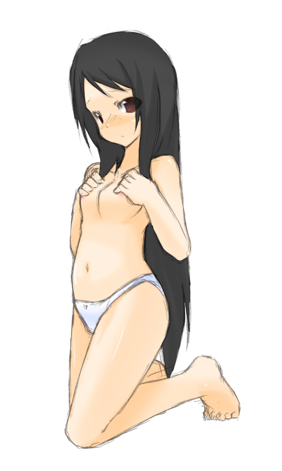 shiratama dango, original, 1girl, barefoot, black hair, breasts, brown eyes, covering breasts, covering privates, female focus, kneeling, long hair, navel, panties, sketch, solo, topless female, underwear, underwear only, very long hair, white panties