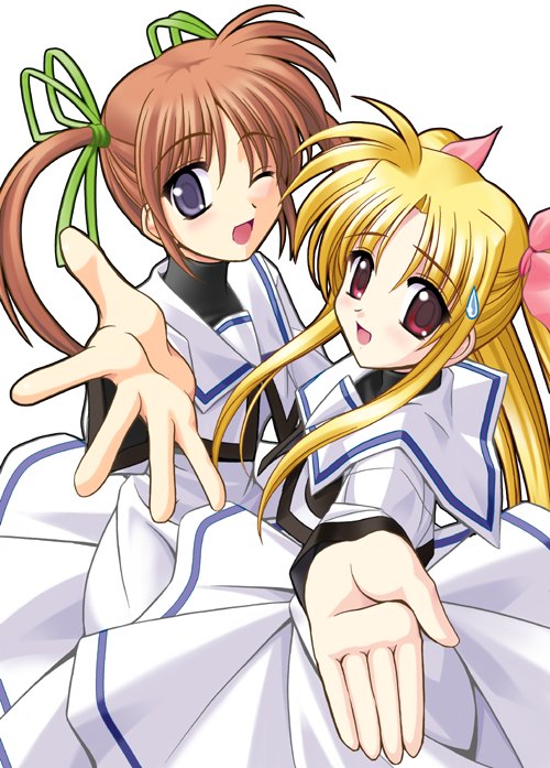 kitamiya genbu, fate testarossa, takamachi nanoha, lyrical nanoha, mahou shoujo lyrical nanoha, mahou shoujo lyrical nanoha a's, 00s, 2girls, ;d, blonde hair, blush, brown hair, dress, hair ornament, hair ribbon, looking at viewer, multiple girls, one eye closed, open mouth, outstretched arm, pov, purple eyes, red eyes, ribbon, sailor collar, school uniform, serafuku, simple background, smile, sweatdrop, twintails, white background, white dress