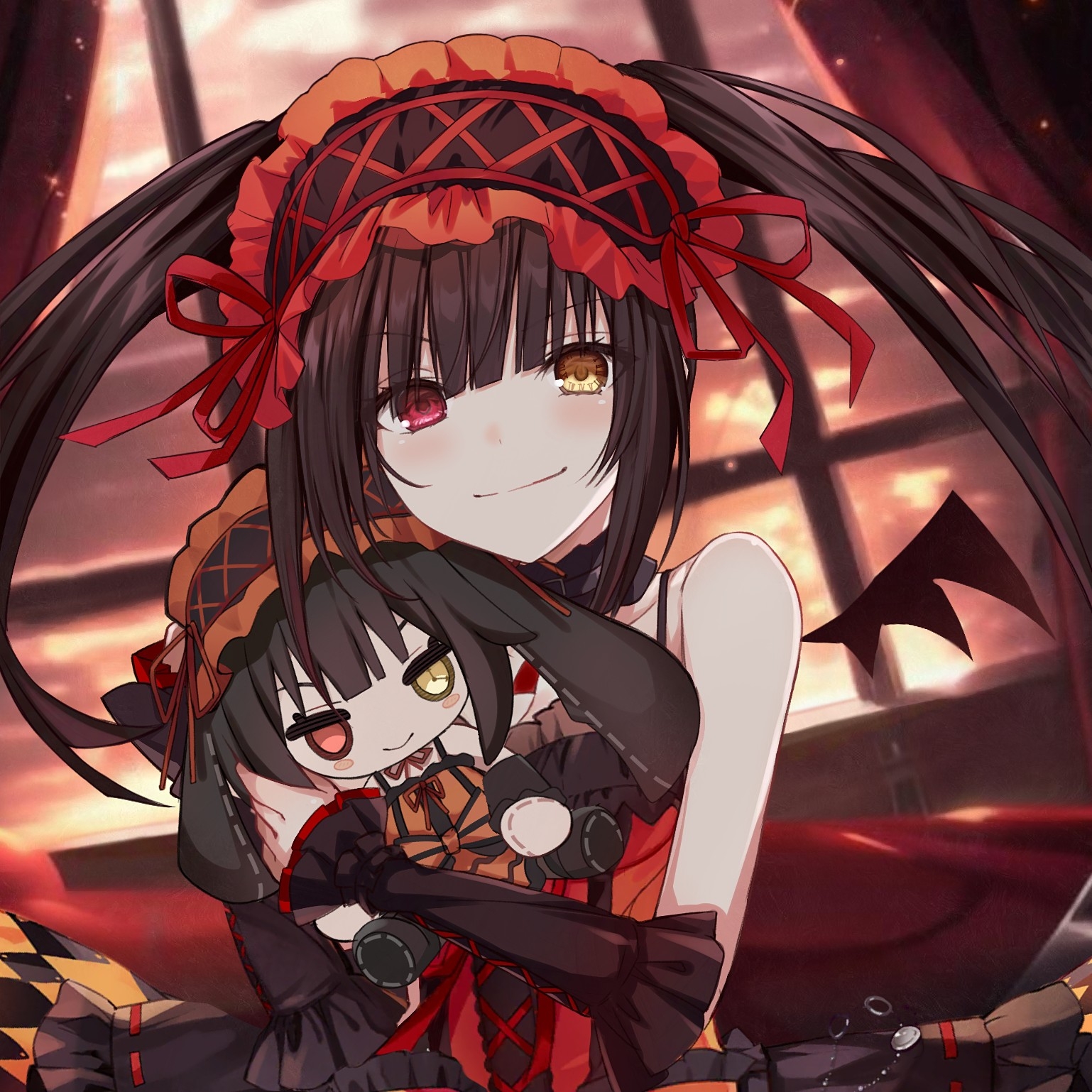 saint laurent paris, sparkle (doll) (honkai: star rail), tokisaki kurumi, date a live, honkai: star rail, honkai (series), highres, 1girl, black choker, black sleeves, brown hair, character doll, choker, clock eyes, demon wings, doll, dress, gothic lolita, hairband, heterochromia, lolita fashion, lolita hairband, looking at viewer, red dress, red eyes, smile, spaghetti strap, symbol-shaped pupils, twintails, uneven twintails, wings, yellow eyes